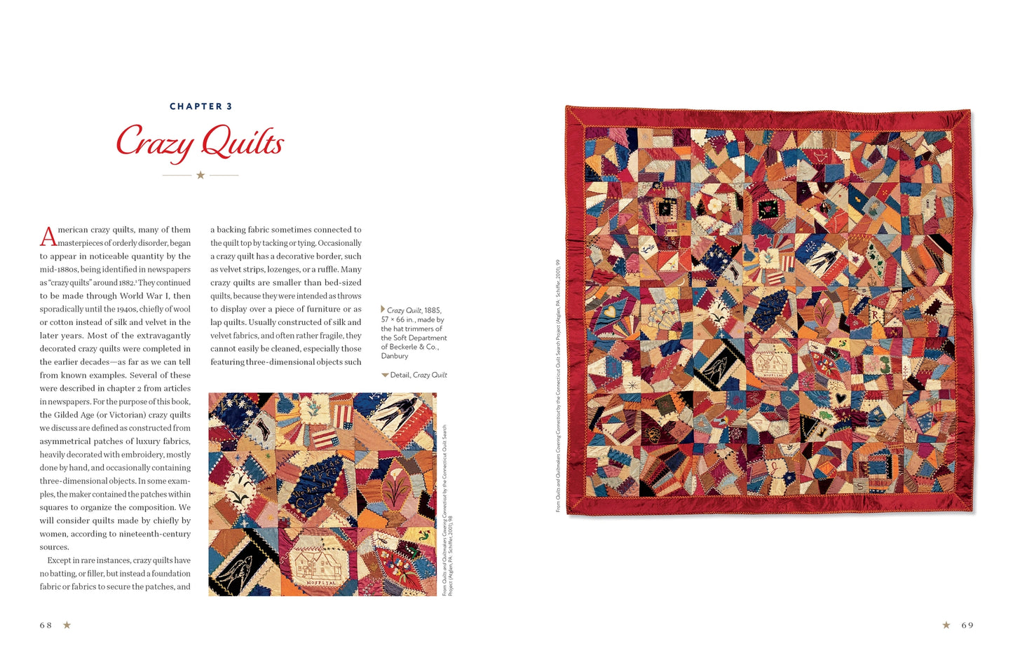 Page from a book featuring a colorful quilt with text on 'Crazy Quilts'.