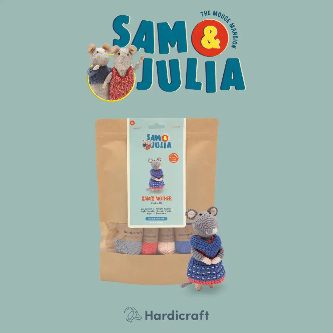 Product packaging with 'Sam & Julia' branding and two small mouse figures on a light blue background.