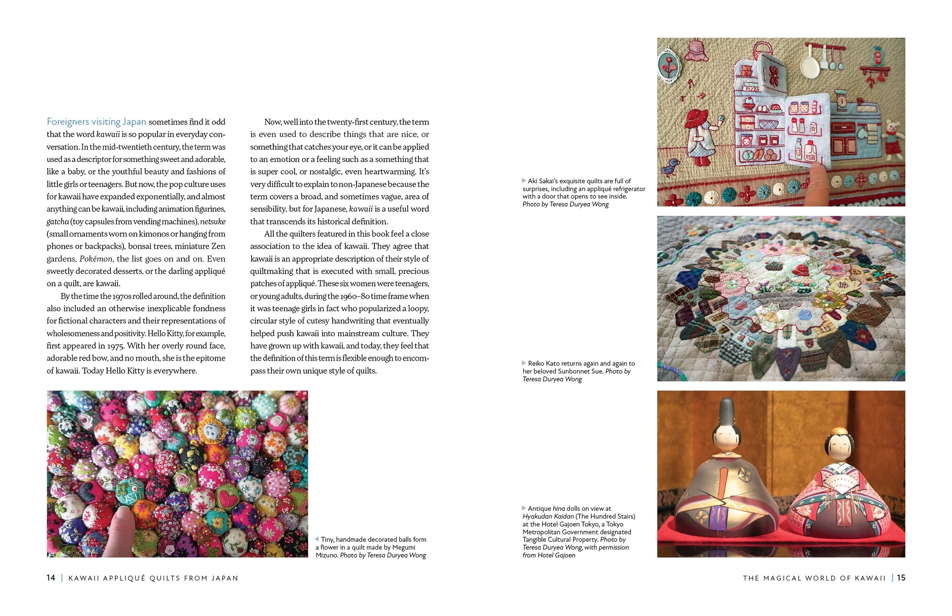 Page from a book featuring images of quilted items and text on a white background