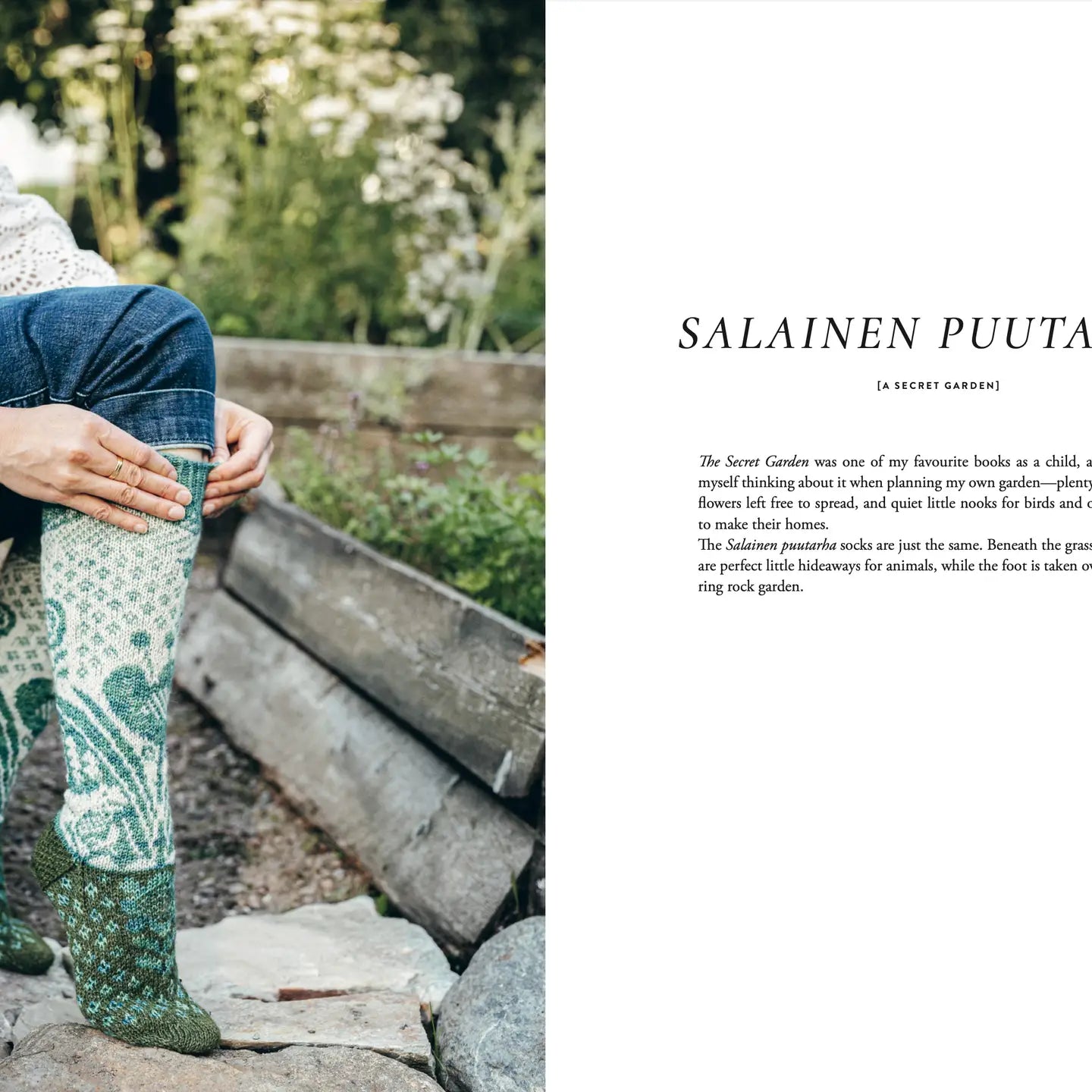 Person wearing patterned socks in a garden setting with text on the right side.