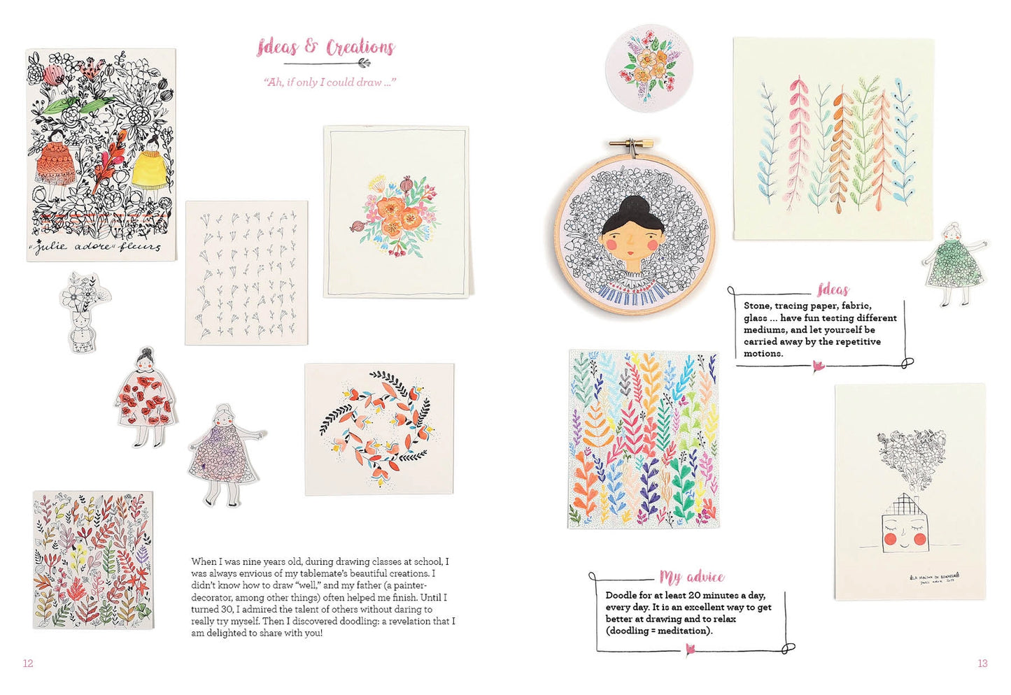 Page from a book or magazine featuring various hand-drawn illustrations and patterns.