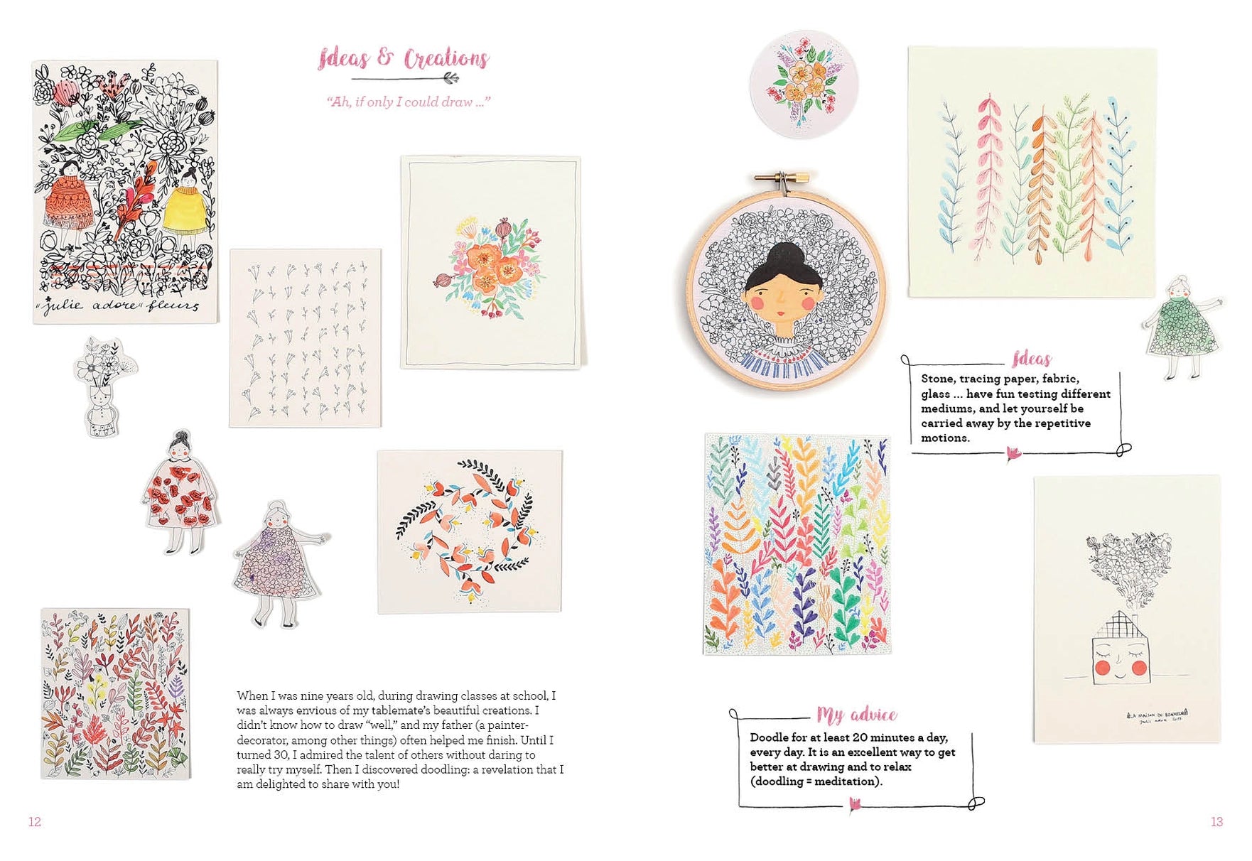 Page from a book or magazine featuring various hand-drawn illustrations and patterns.