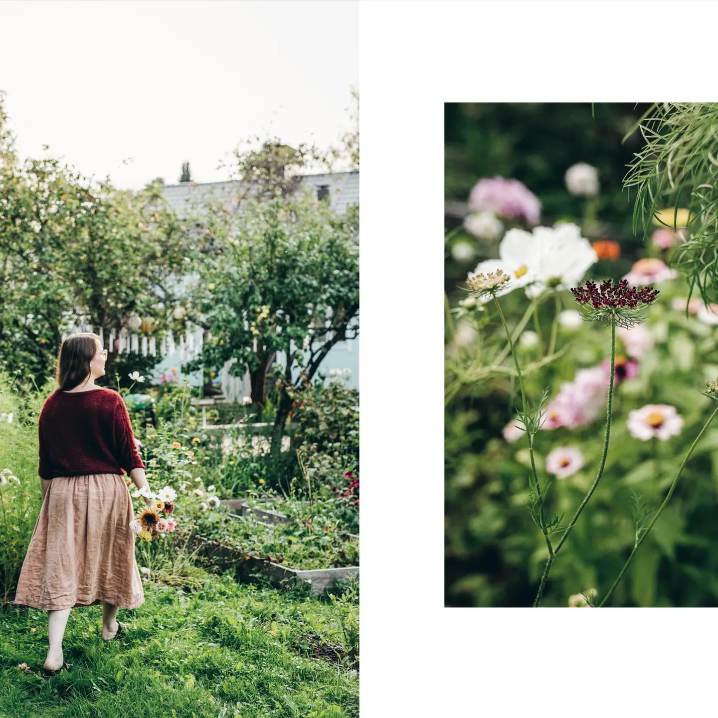 Woman walking through a garden with close-up of flowers inset