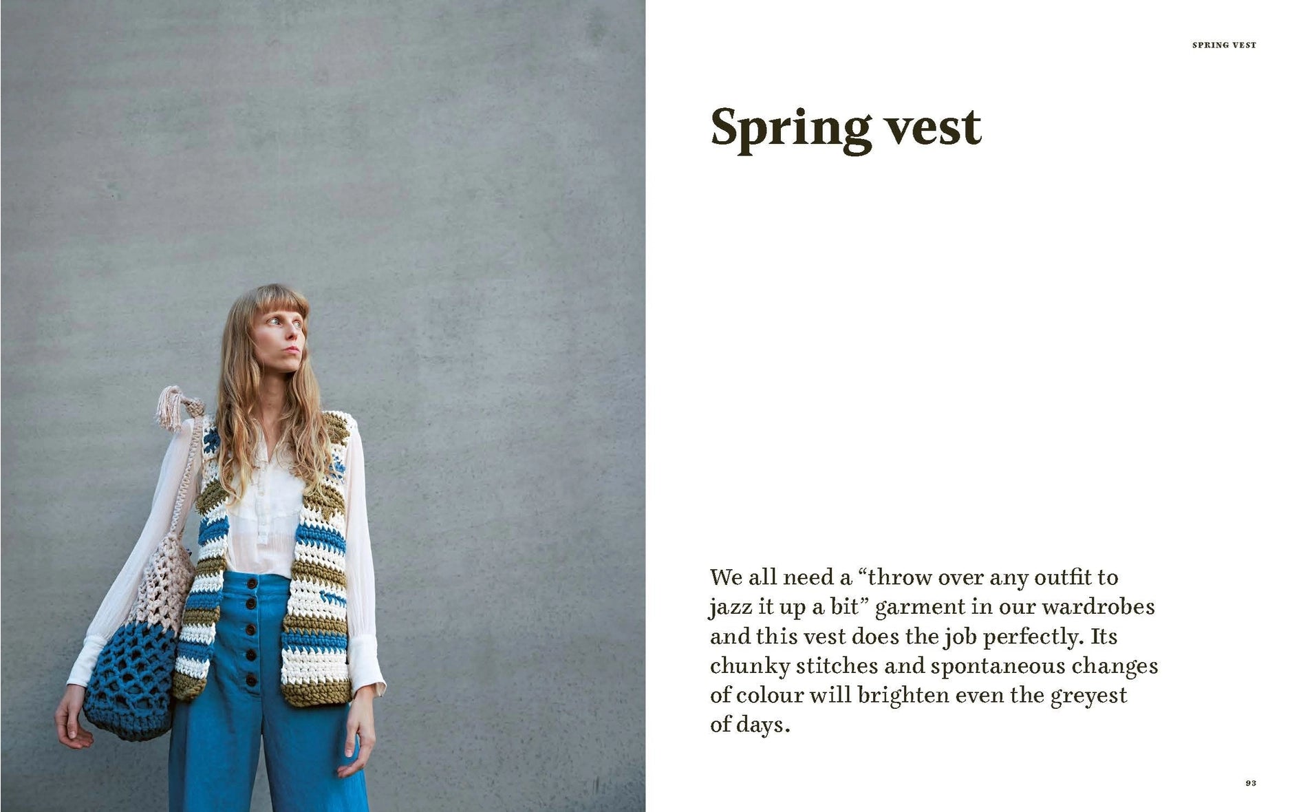 A book page featuring a woman wearing a chunky knit spring vest with blue and white stripes, paired with blue trousers and carrying a blue crocheted bag, set against a textured gray wall. 