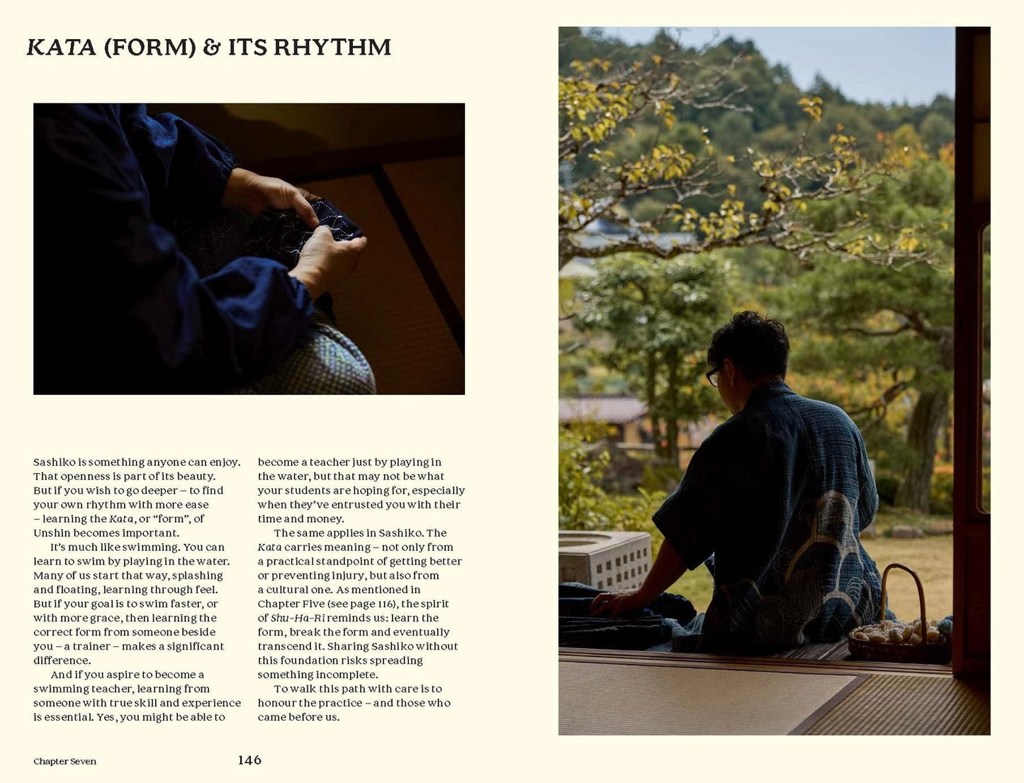 a book spread with a person doing sashiko