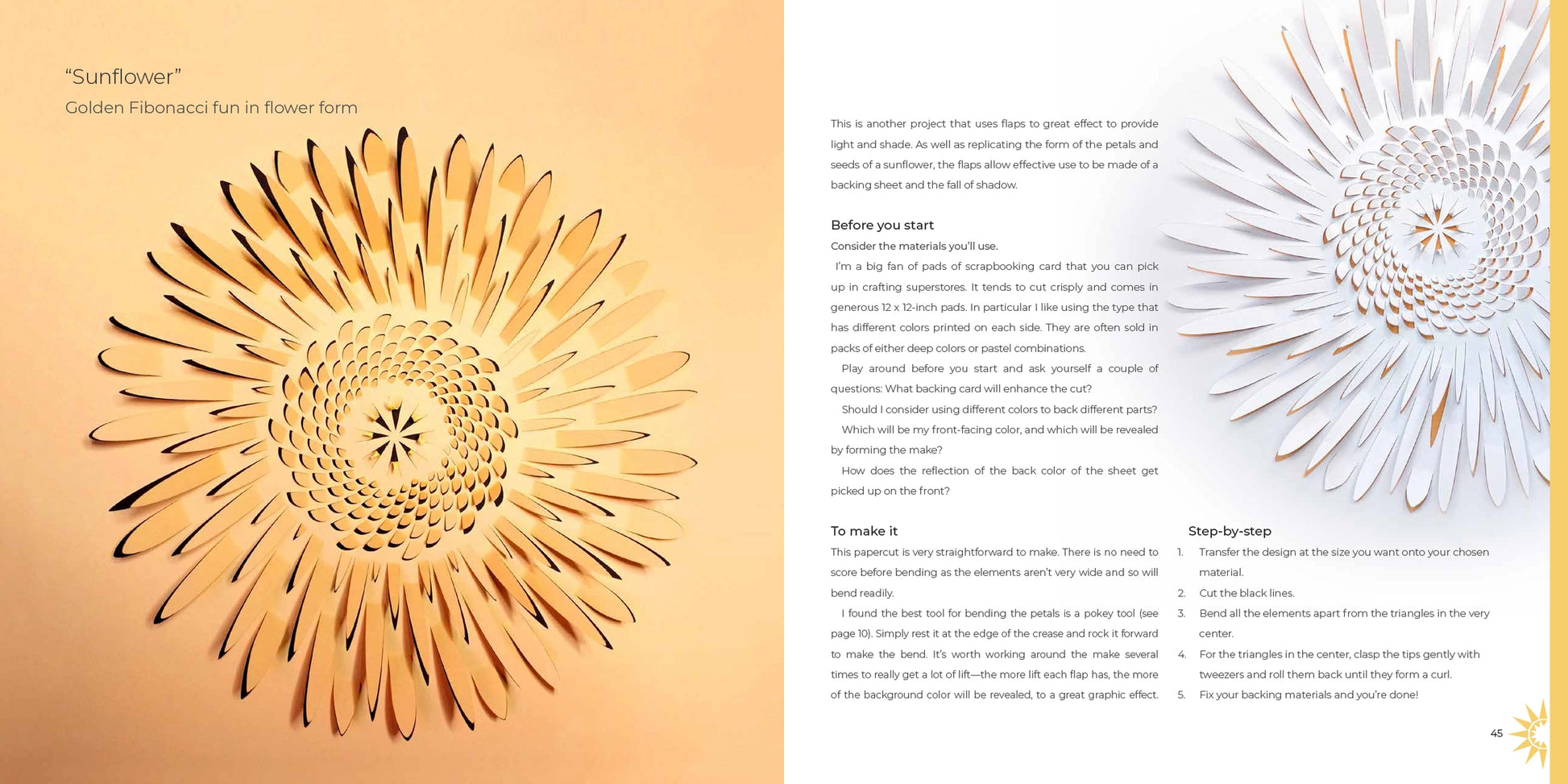 An open bookspread showing a large golden sunflower-shaped flower on the left page, printed text instructions in the center, and a white sunflower-shaped flower form on the right page. The page header reads 'Sunflower' and 'Golden Fibonacci Fun in flower form.
