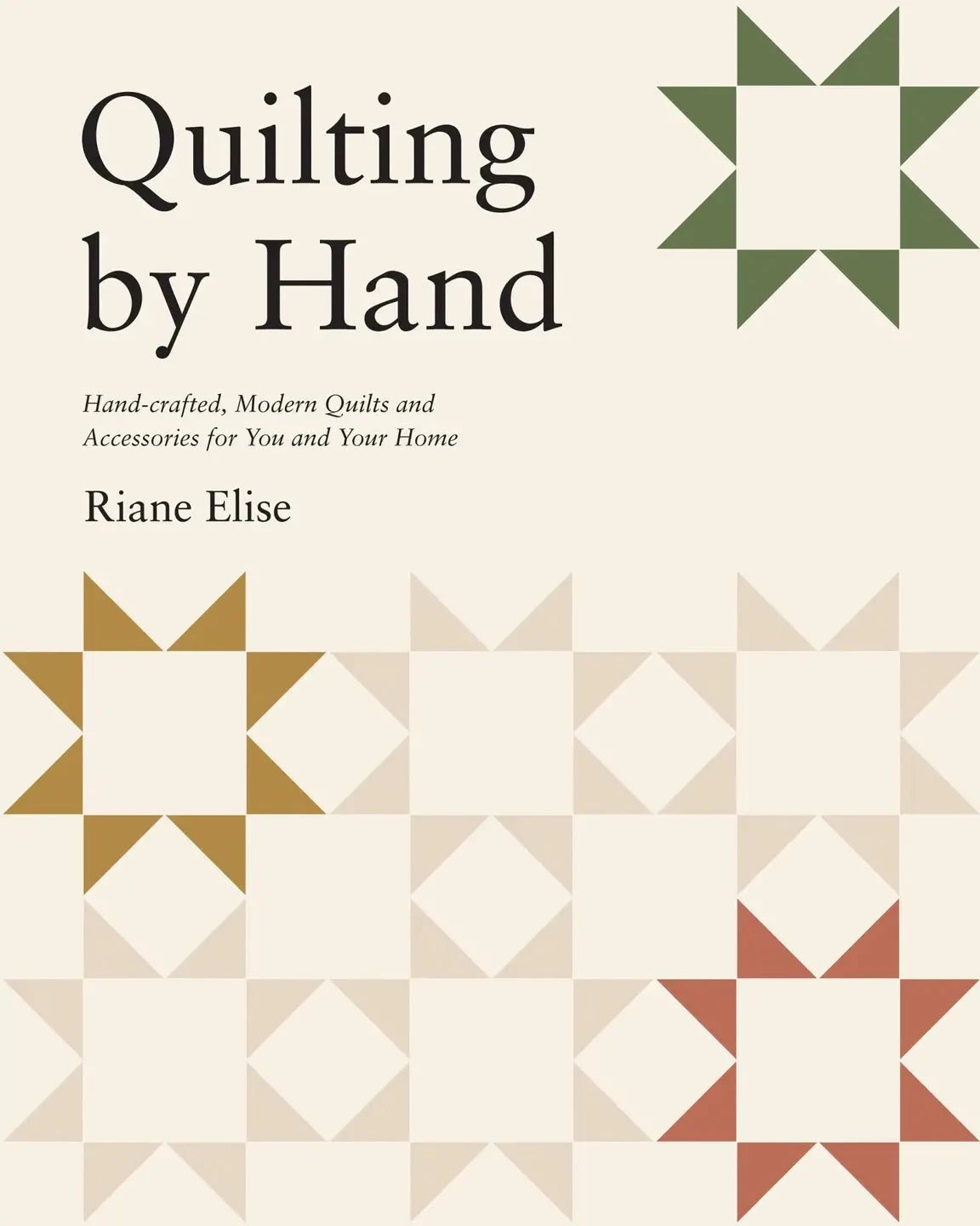 a book cover for Quilting by Hand with green, tan, and orange quilt stars