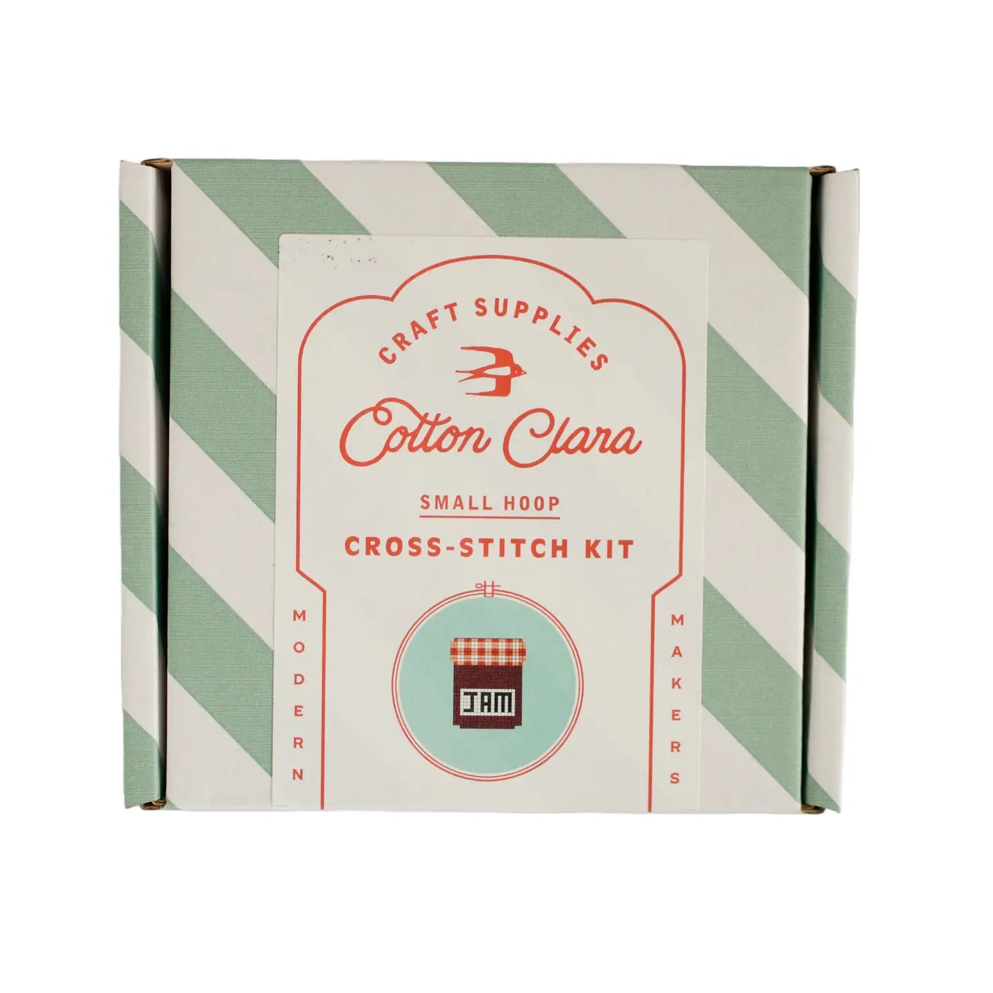 Cotton Clara cross-stitch kit box with green and white striped design