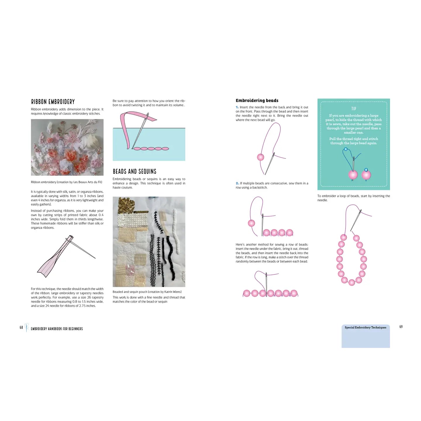 Page from a craft or sewing book showing techniques for ribbon embroidery and bead work.