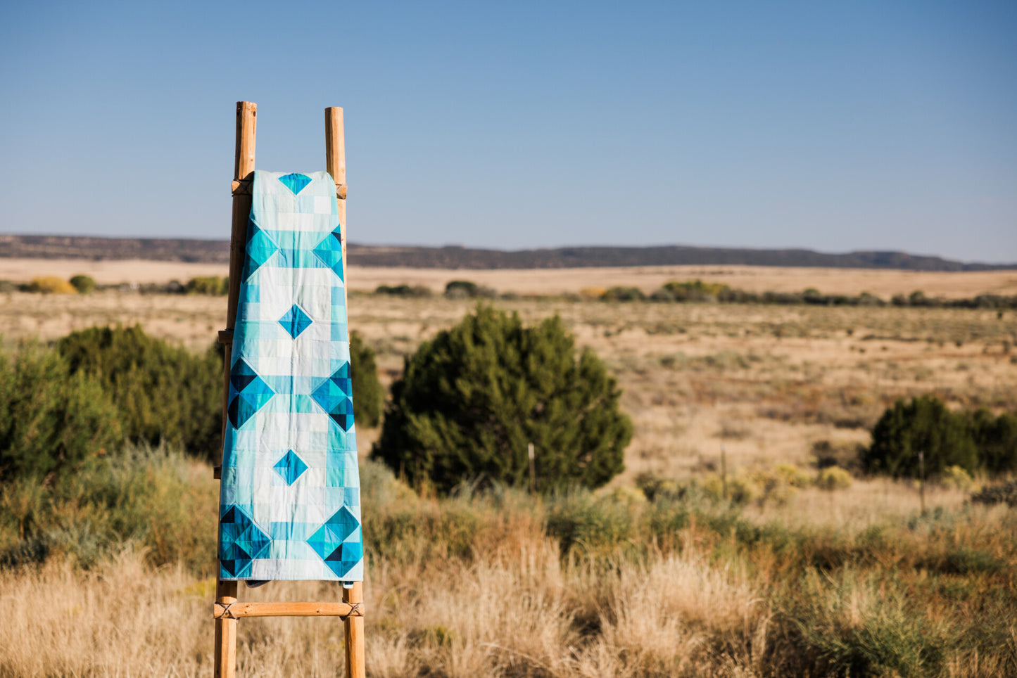 A blue and white quilt in a field