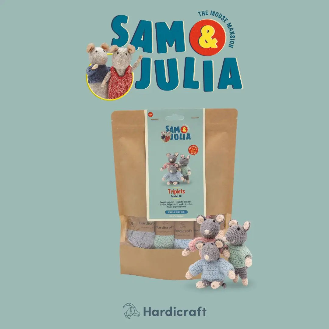 Knitted mouse toys with packaging and 'Sam & Julia' branding on a light blue background.