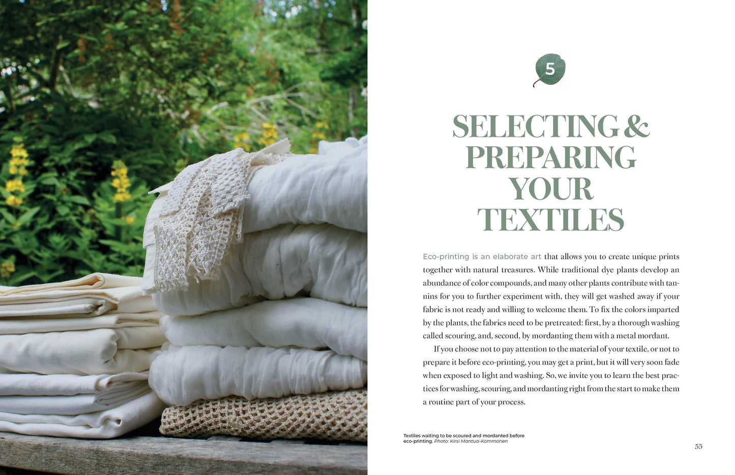 An open book spread showing a folded beige woven textile on a stone surface outdoors with green foliage in the background, alongside printed text titled 'SELECTING & PREPARING YOUR TEXTILES' and a numbered heading '5'.