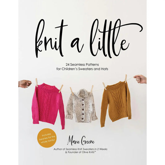 Book cover of 'Knit a Little' with three knitted garments on a white background