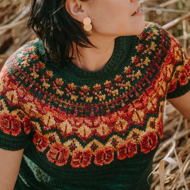 a green short sleeved sweater with a n orange and yellow color work yoke