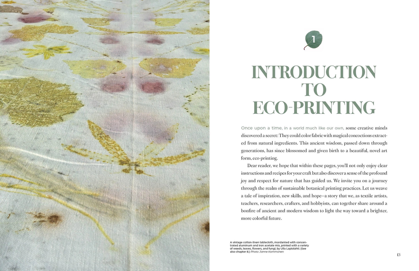 An open book spread showing a left page with a large abstract ecoprint in yellow, pink, and green tones, and a right page with the title 'INTRODUCTION TO ECO-PRINTING' and body text.