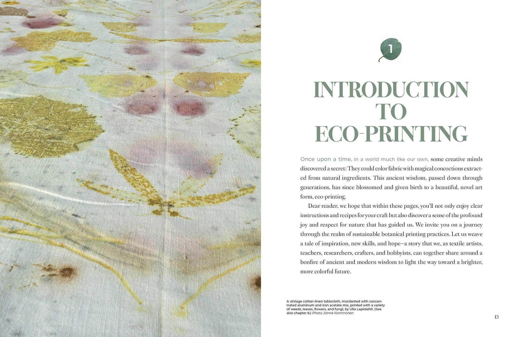 An open book spread showing a left page with a large abstract ecoprint in yellow, pink, and green tones, and a right page with the title 'INTRODUCTION TO ECO-PRINTING' and body text.