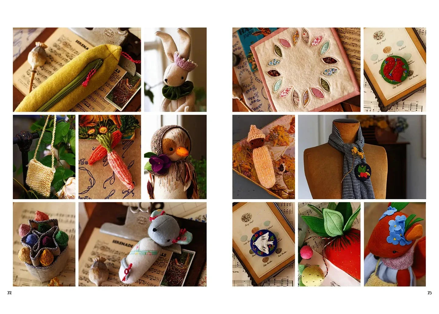 A collage of multiple small product photos showing handmade textile crafts, including a yellow corn-shaped item, a white owl figure with flowers, a patterned fabric piece, a red rose box, a gray knitted scarf on a mannequin torso, and other small decorative items arranged on books and mannequins.