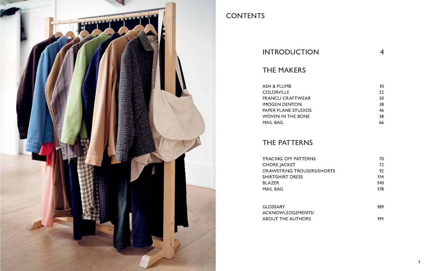 a wooden clothes rack with clothing samples and a table of contents on the right