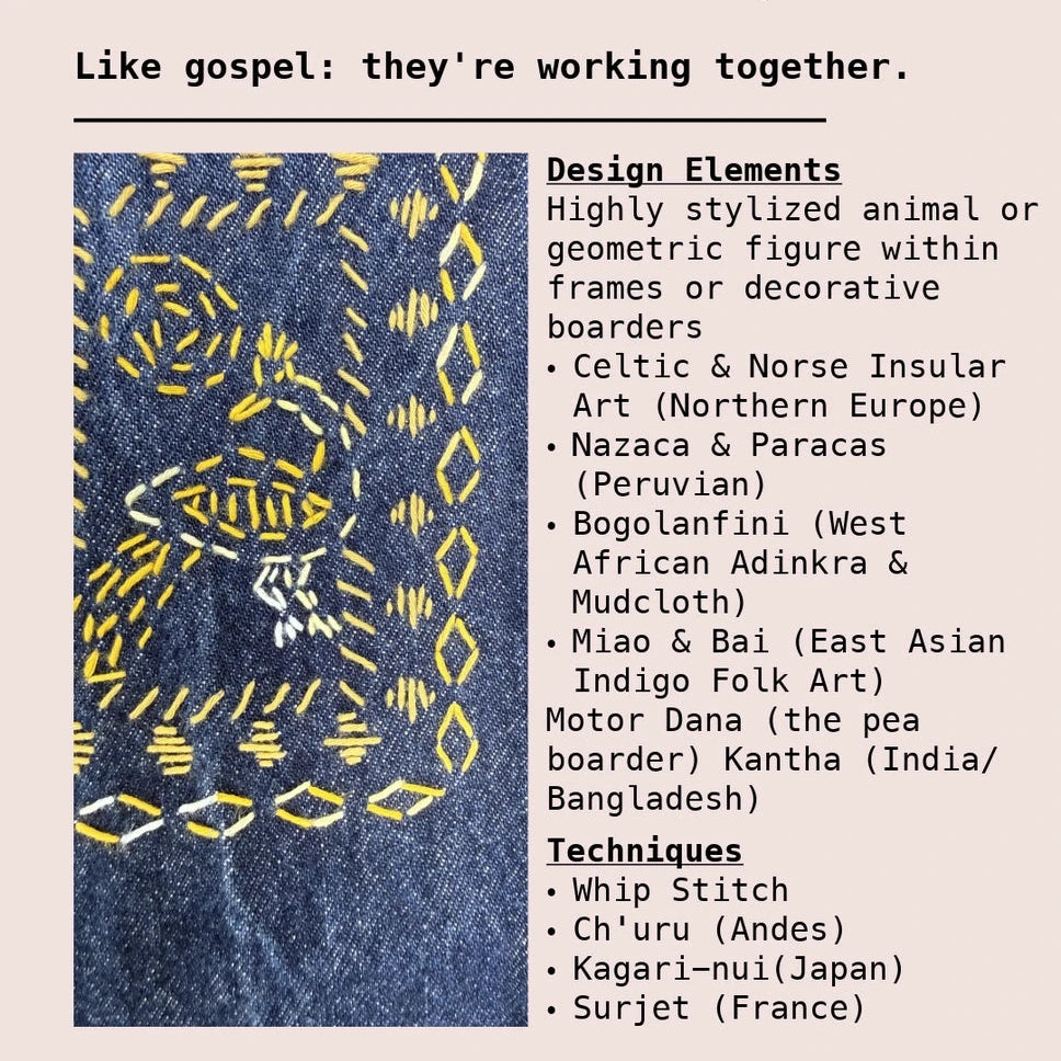 Textile design with mending patterns and related art styles on a beige background
