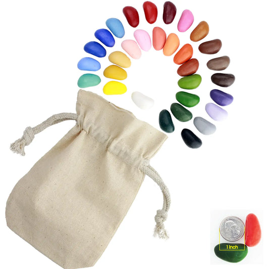 Set of colorful crayons with a drawstring bag on a white background