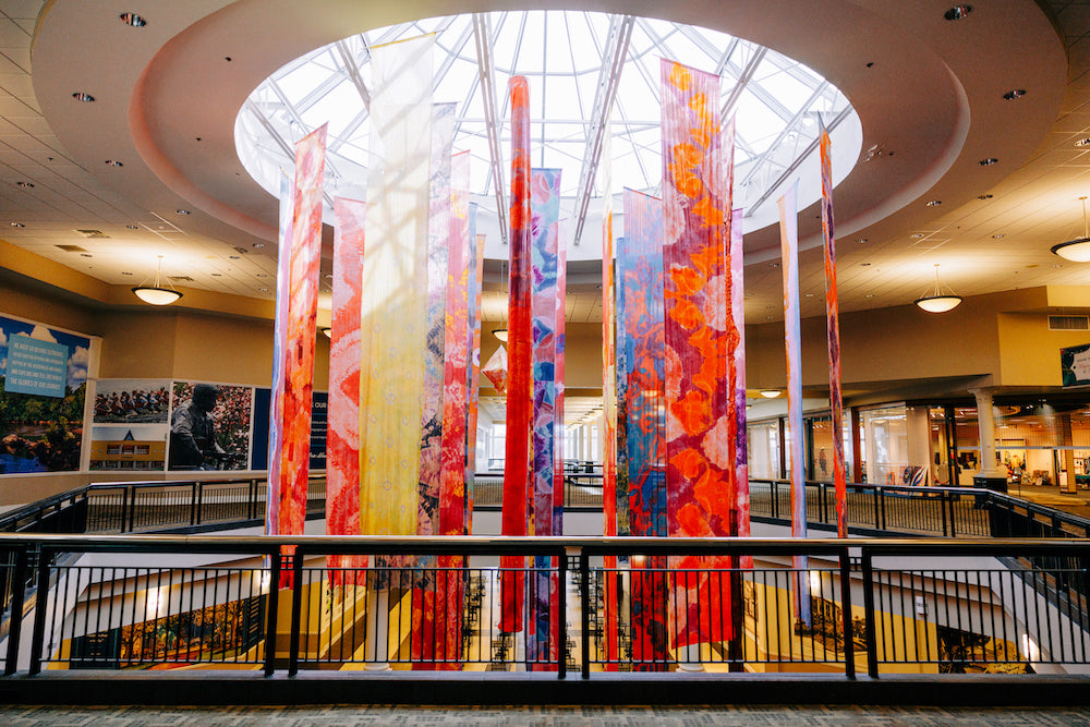 Colorful abstract art installation in a mall atrium