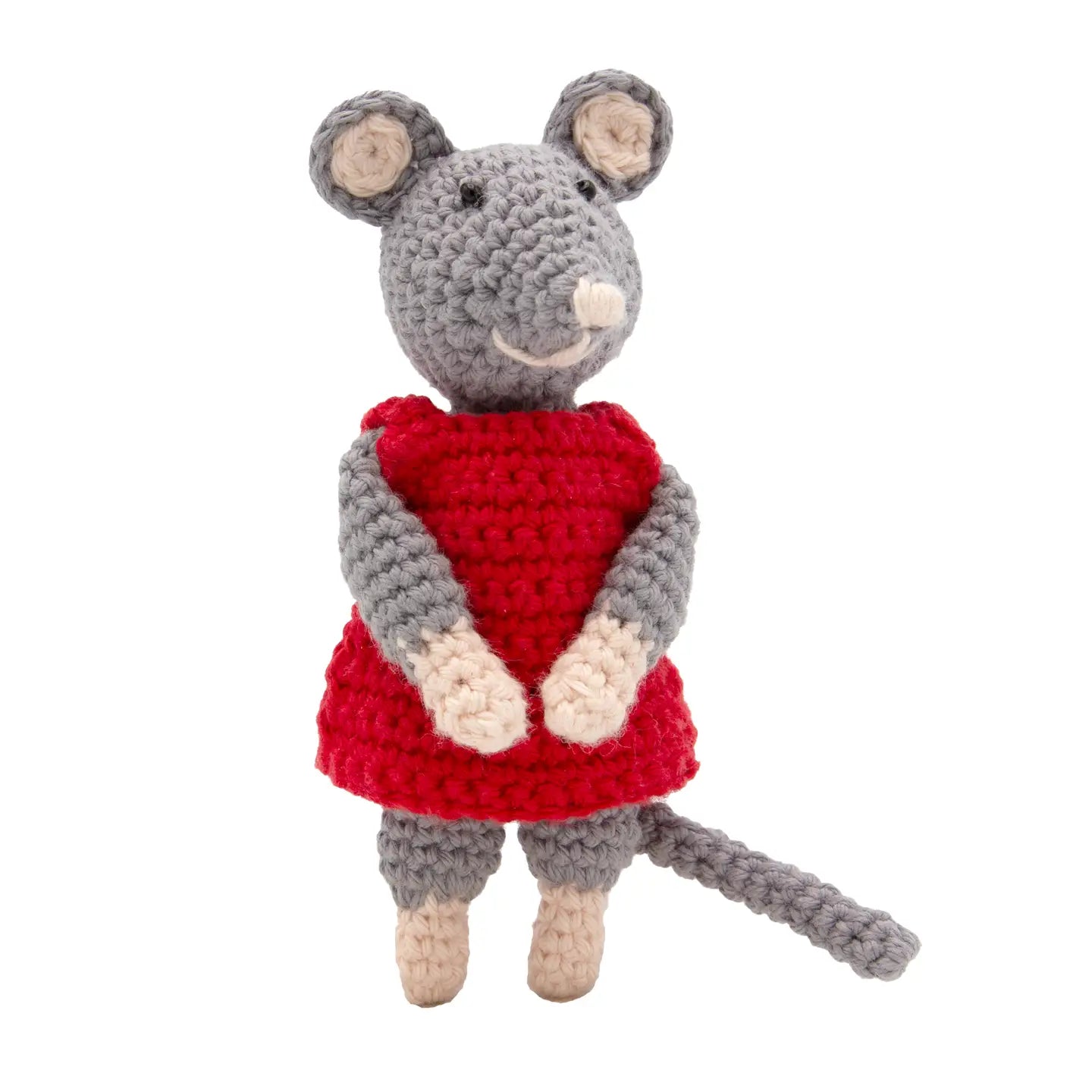 Crocheted mouse toy wearing a red dress on a white background
