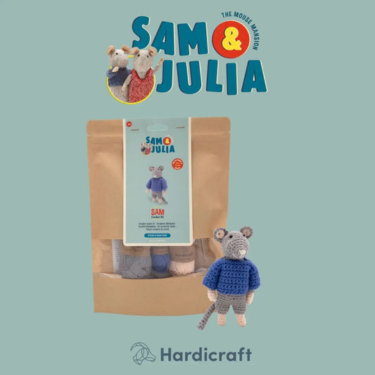 Product packaging with toy mouse figures and 'Sam & Julia' branding on a light blue background.