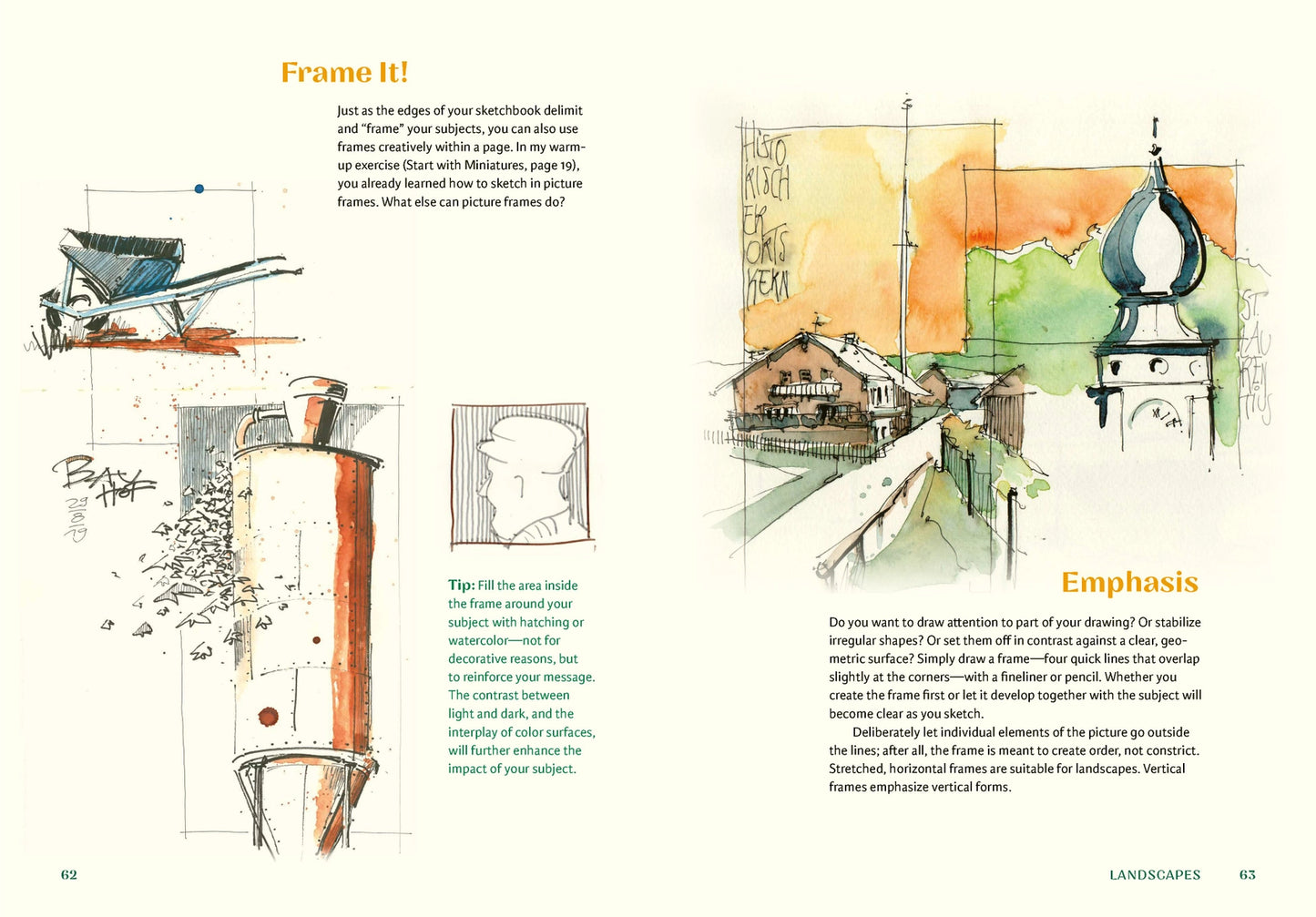 A two-page spread from a landscape art instruction book, featuring watercolor and sketch examples with headings like 'Frame it!' and 'Emphasis' and body text about drawing composition.