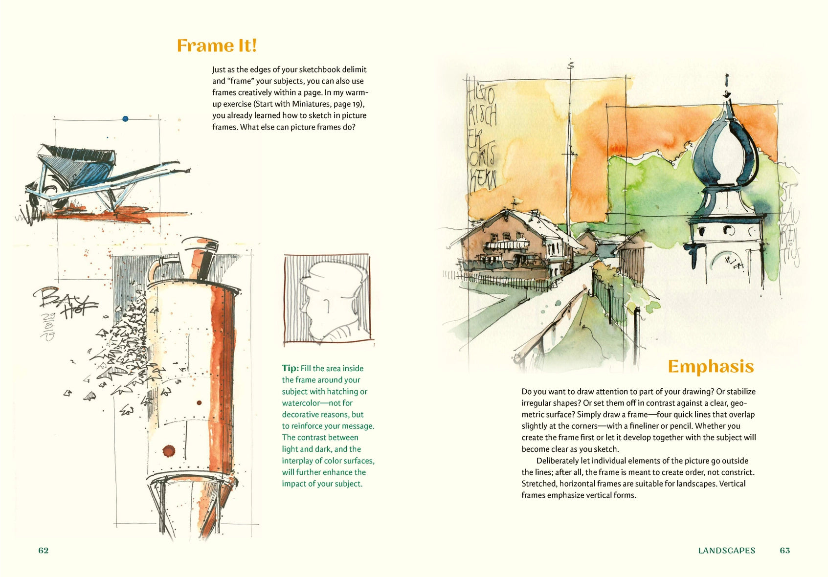 A two-page spread from a landscape art instruction book, featuring watercolor and sketch examples with headings like 'Frame it!' and 'Emphasis' and body text about drawing composition.