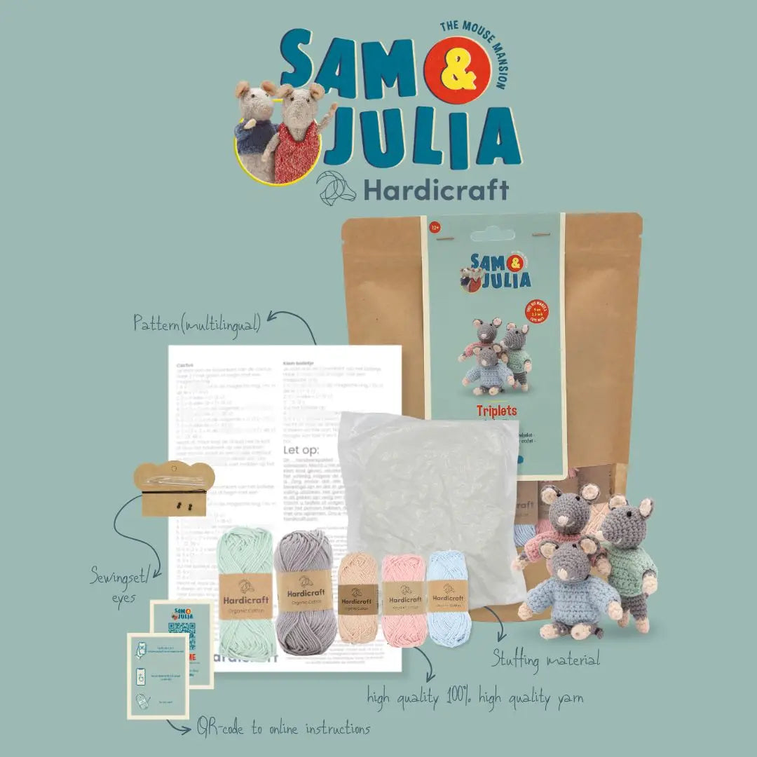 Crochet kit for 'Sam & Julia' with yarn, pattern, and materials on a light blue background
