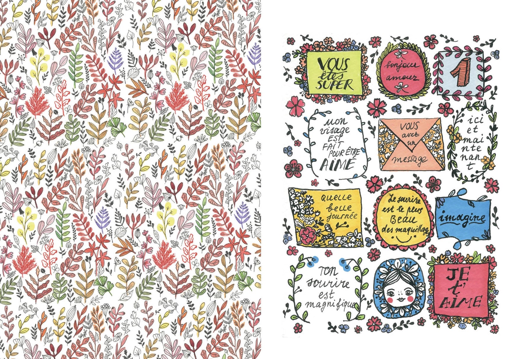 Floral patterned paper on one side and decorative text and illustrations on the other, with a white background.