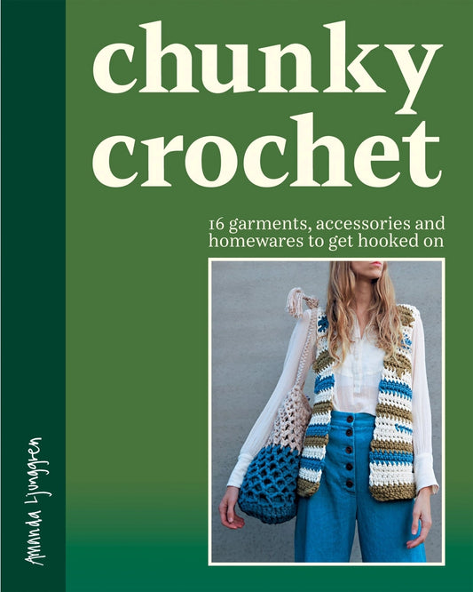 Book cover of 'Chunky Crochet' with a person wearing a crocheted garment on a green background