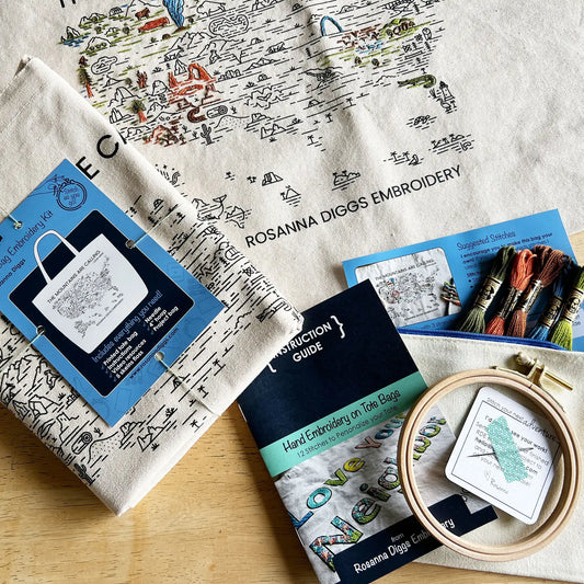 Embroidery kit with fabric, pattern, and tools on a wooden surface