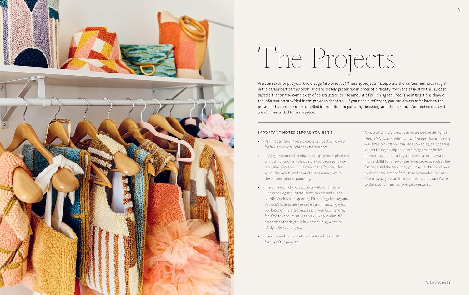 A printed book page with the heading 'The Projects' and blocks of text, alongside a photograph of colorful woven and knit textile bags hanging on wooden hangers on a white rack.