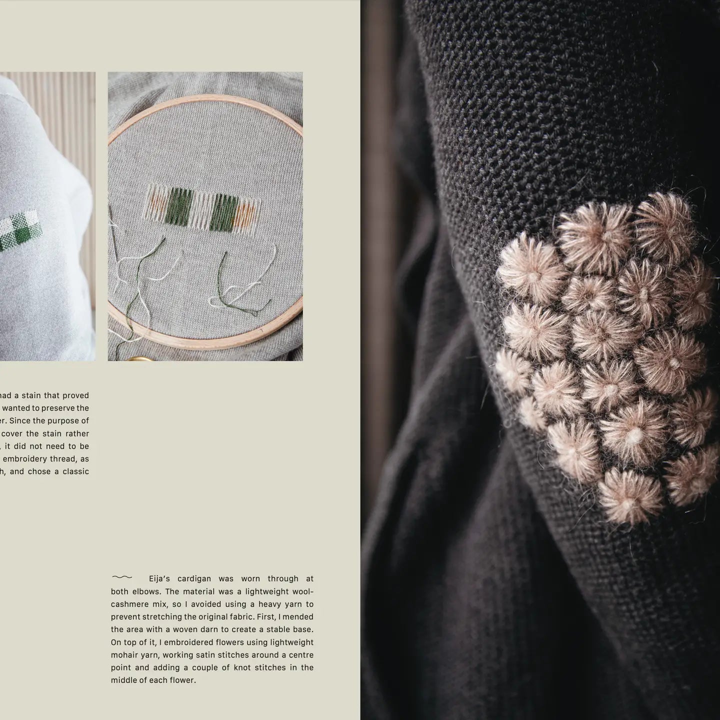 Textile art project with embroidery and floral design on a sweater sleeve