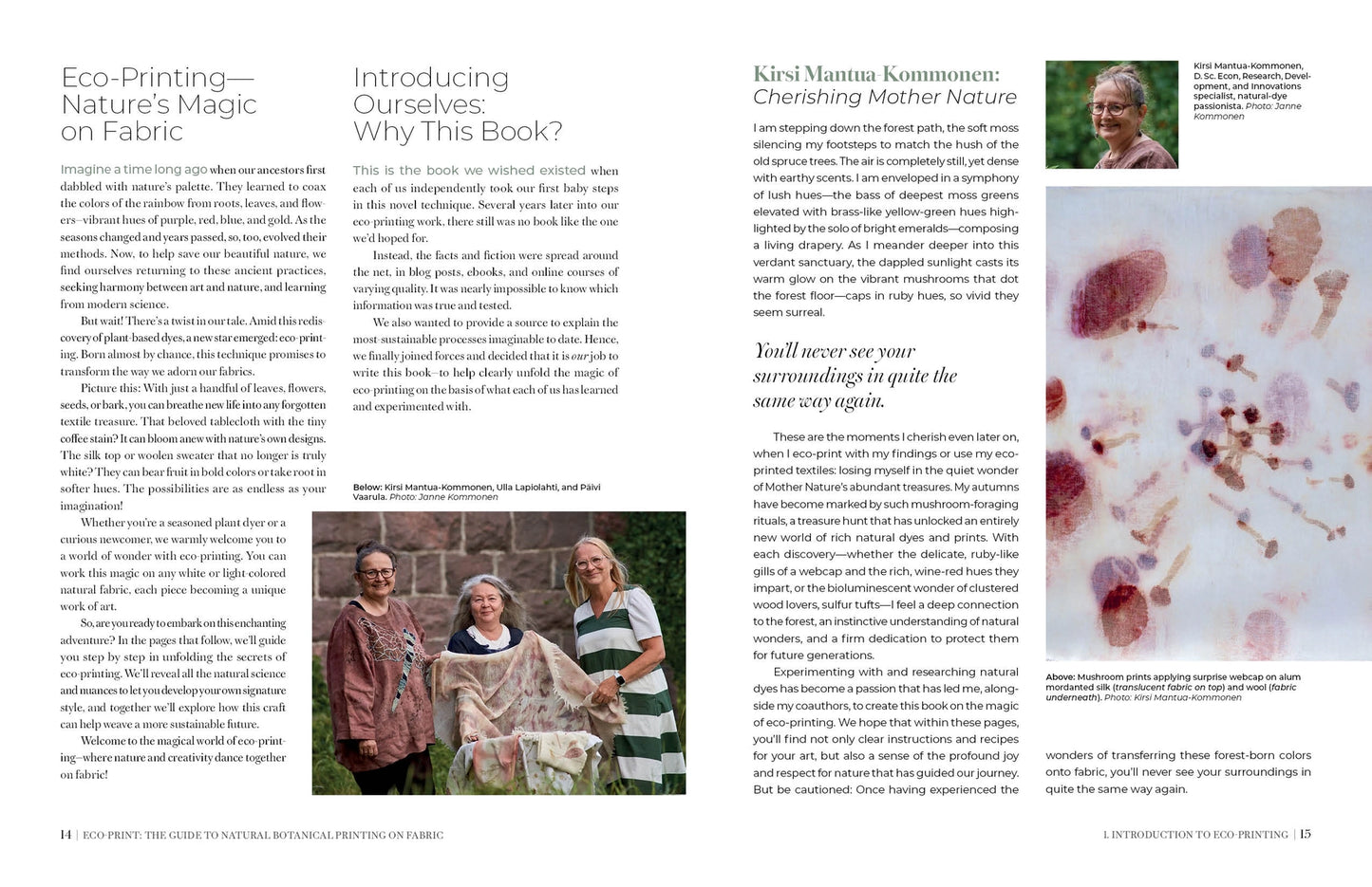 Book page with text and images of people and fabric designs.