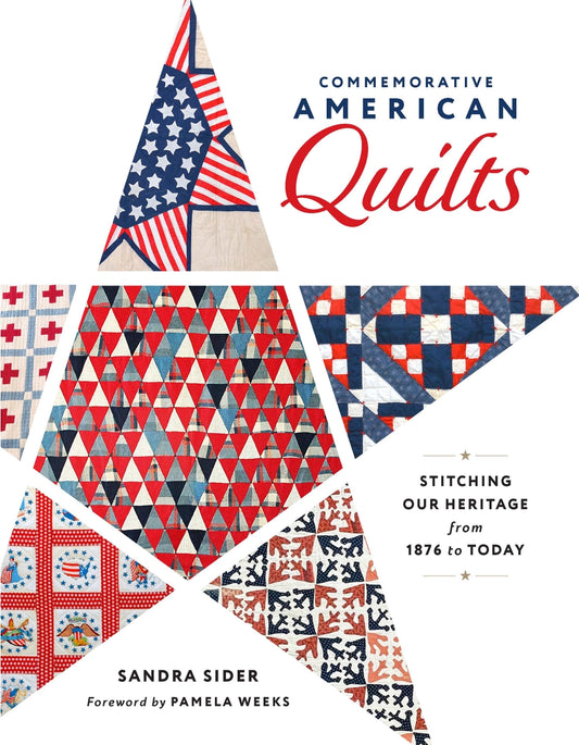 Book cover of 'Commemorative American Quilts' with quilt designs and American flag.