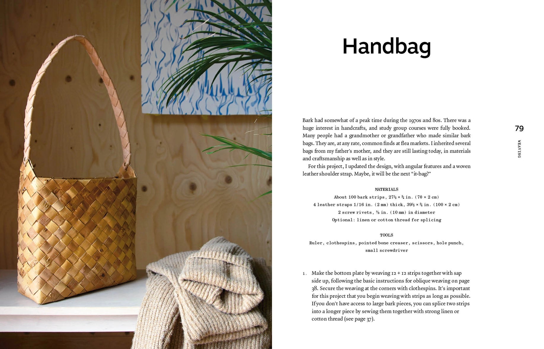A book spread showing a handbag design page with a large photograph of a woven straw handbag on the left and descriptive text headed 'Handbag' on the right.