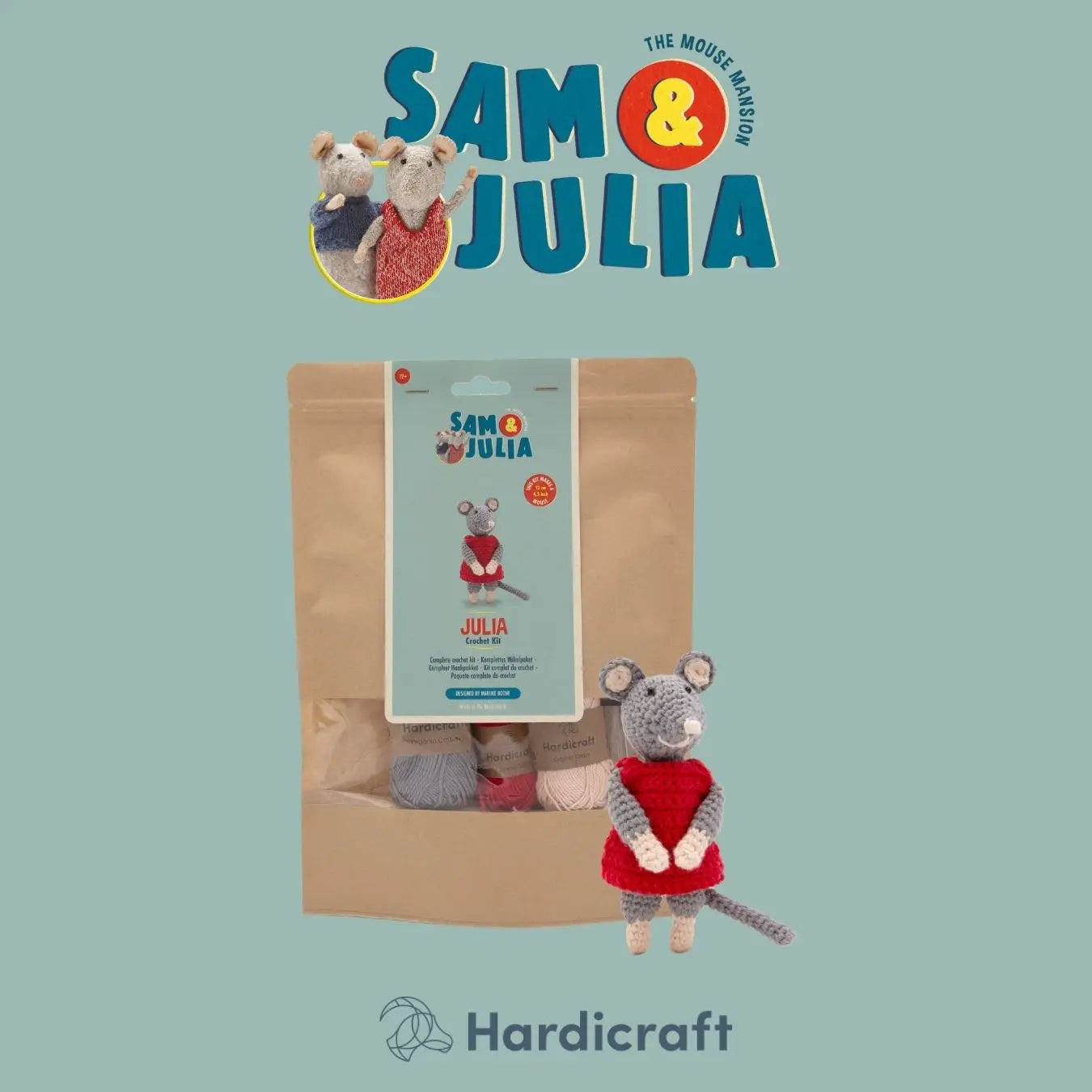 Product packaging with 'Sam & Julia' toys and branded elements on a light blue background.