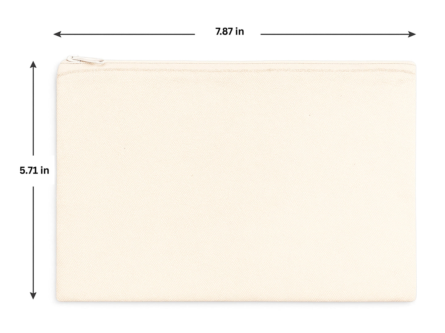 Beige pouch with dimensions labeled on a white background