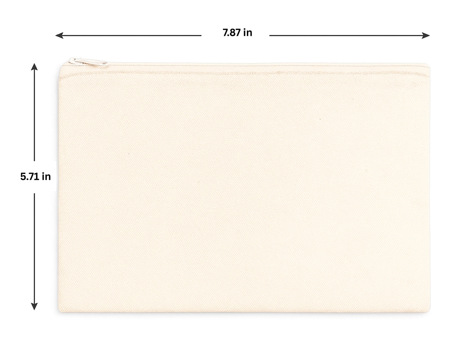 Beige pouch with dimensions labeled on a white background