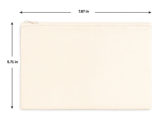 Beige pouch with dimensions labeled on a white background