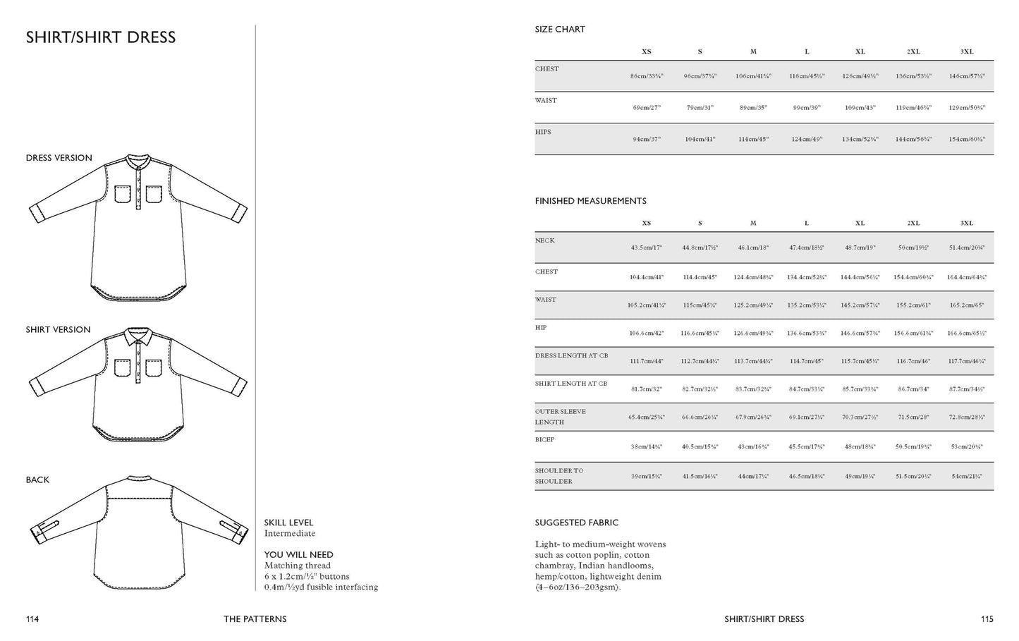 a line drawing of a shirt and a size chart