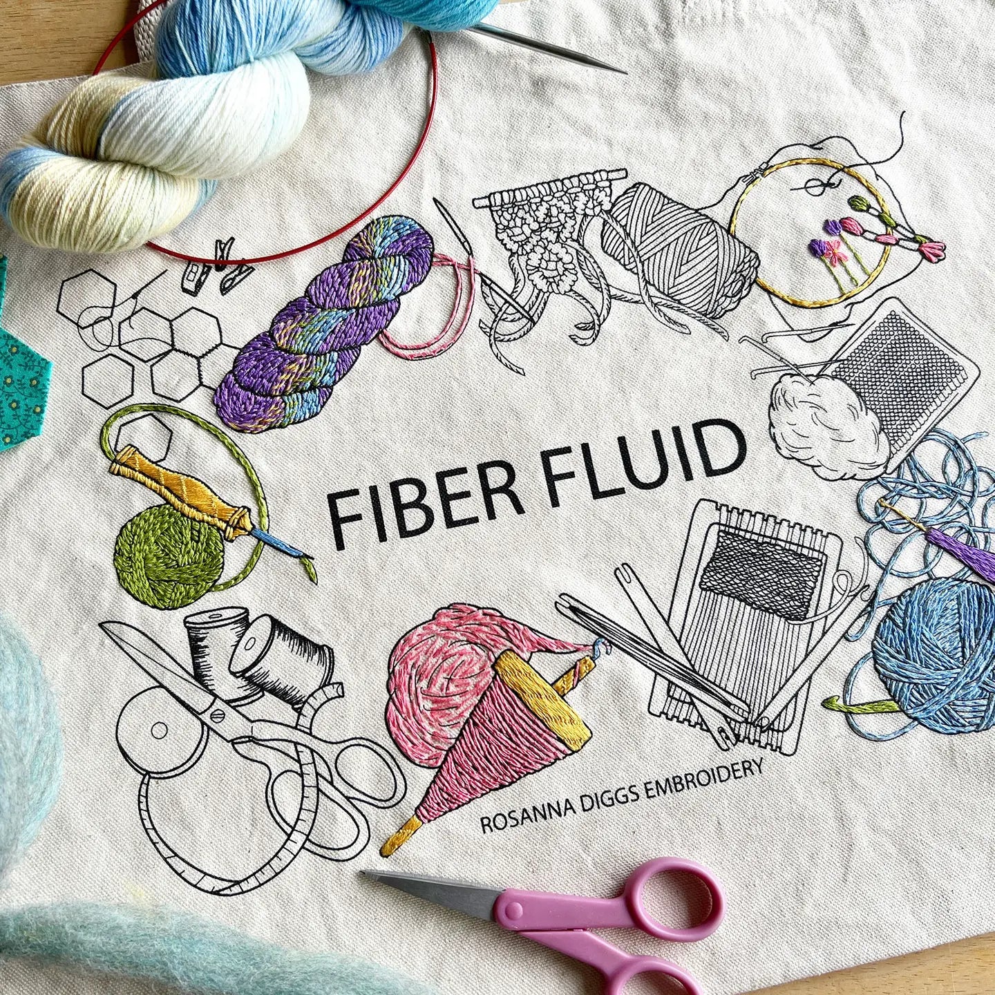 Embroidery kit titled 'Fiber Fluid' by Rosanna Diggs Embroidery with thread and embroidery tools on a white fabric background.