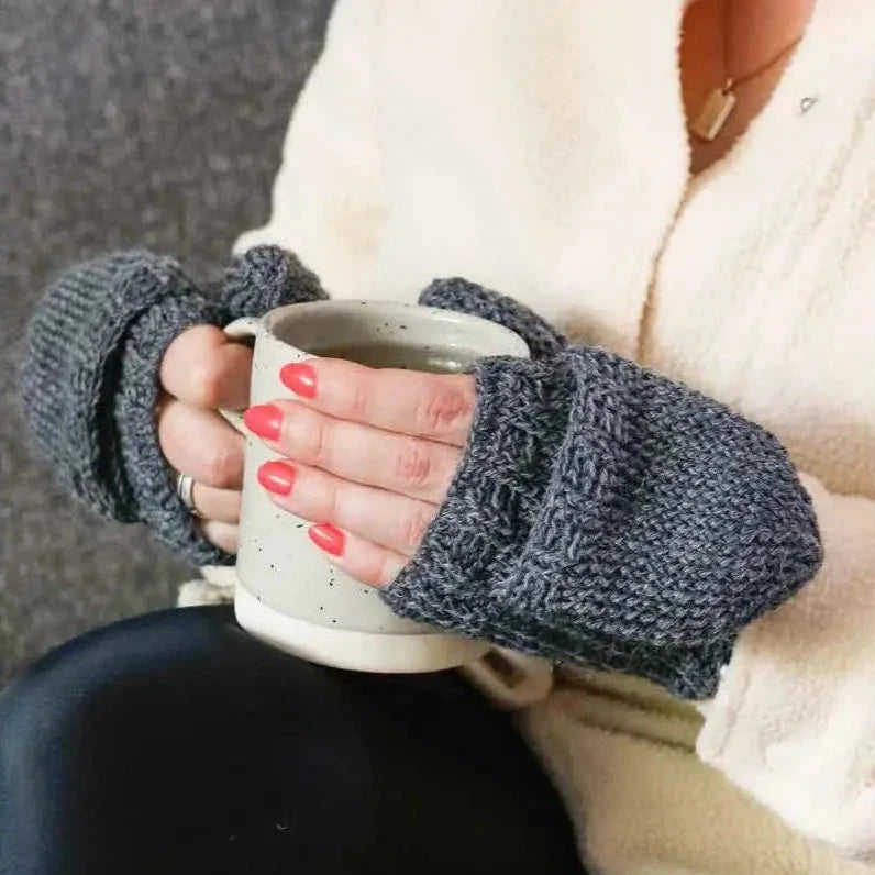 A gray pair of mittens with finger flaps