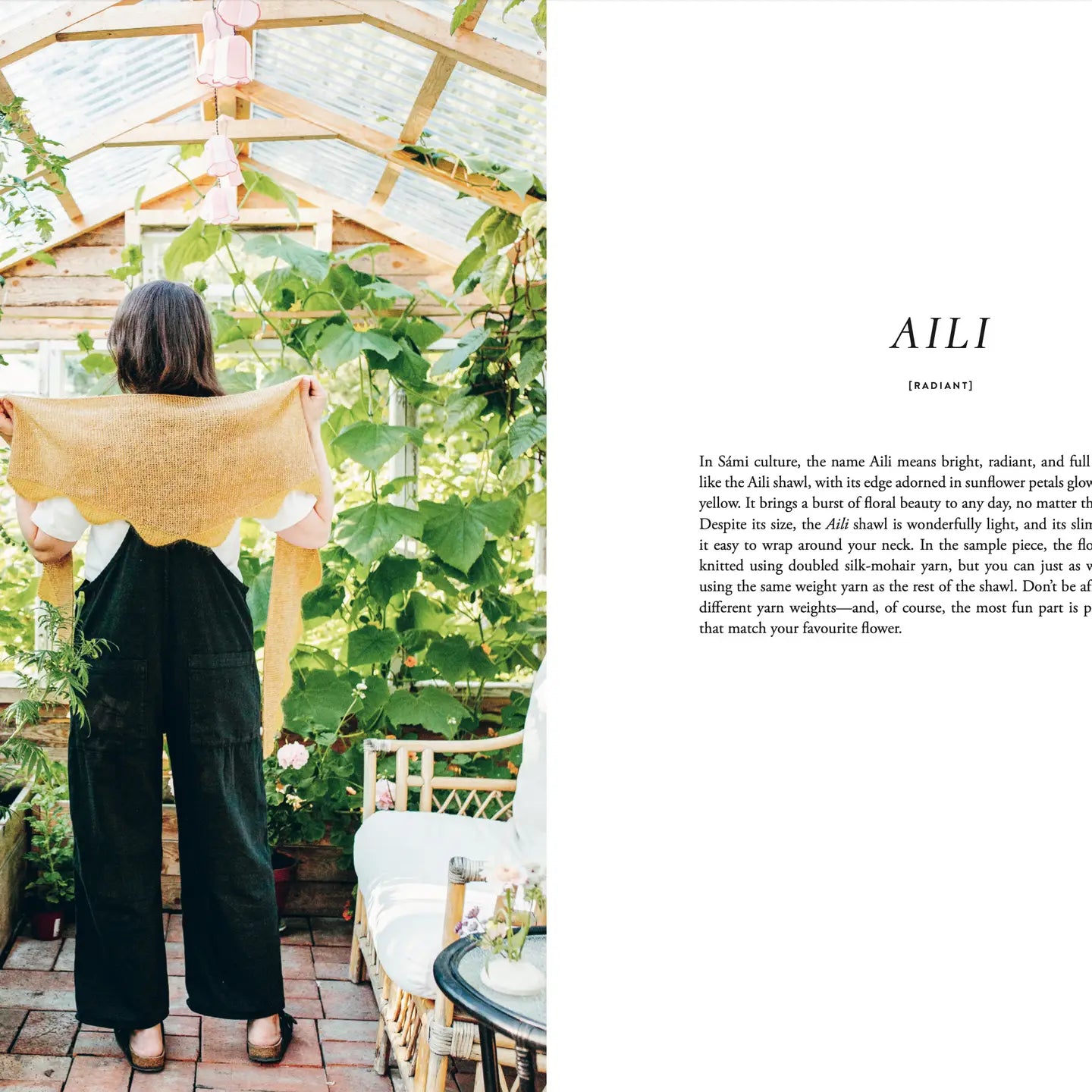Person holding a yellow knitted shawl in a greenhouse 