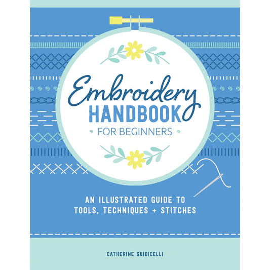Book cover of 'Embroidery Handbook for Beginners' with floral and stitching design elements on a blue background.