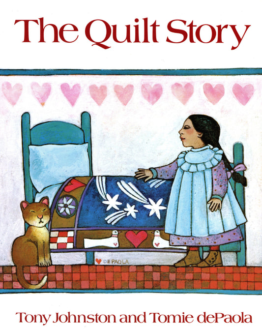 A girl and a cat near a bed with a quilt