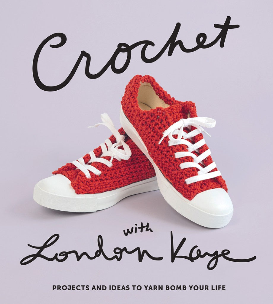 Red crochet sneakers on a light purple background with 'Crochet with London Kaye' text.