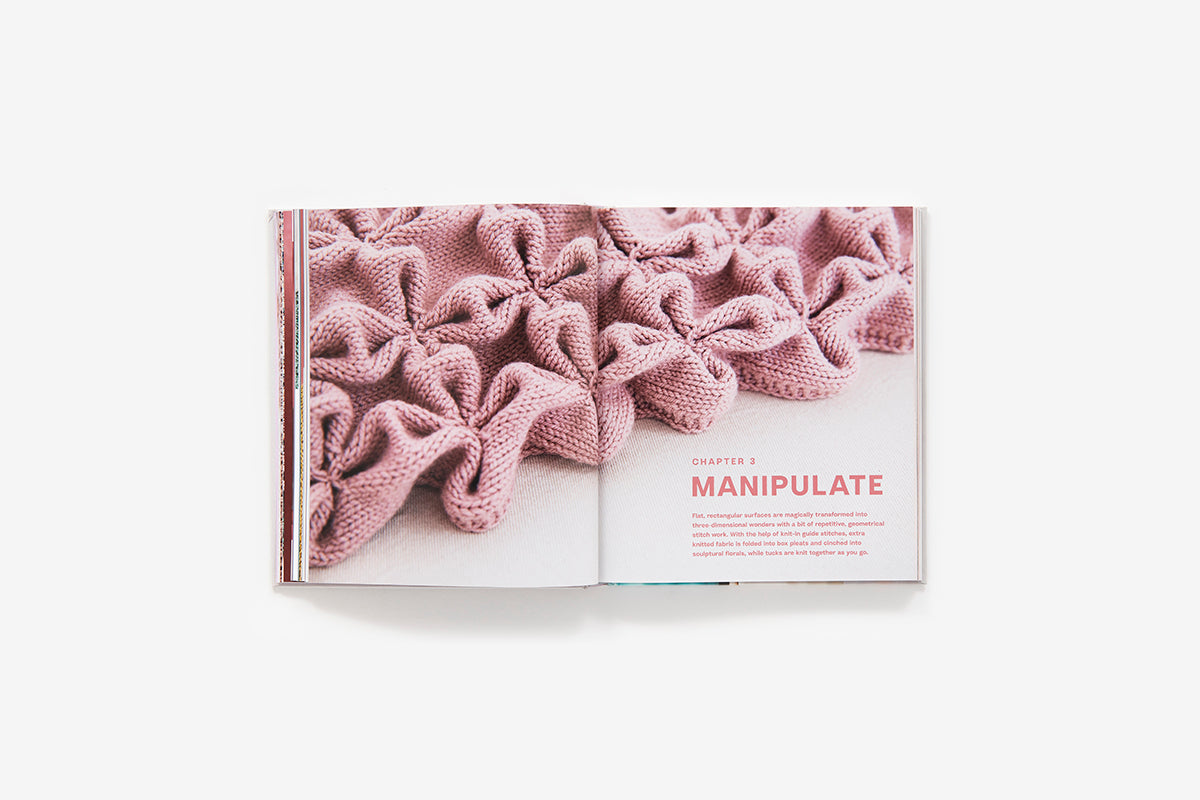 Book open to a page with pink knitted fabric and text on a white background